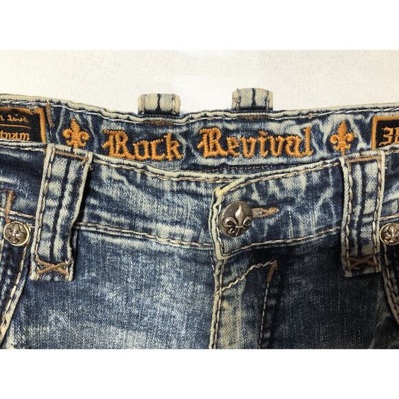 Rock & Revival Wales Straight Mens Blue Jeans Distressed Denim Embroidered 38x31 - Picture 6 of 13